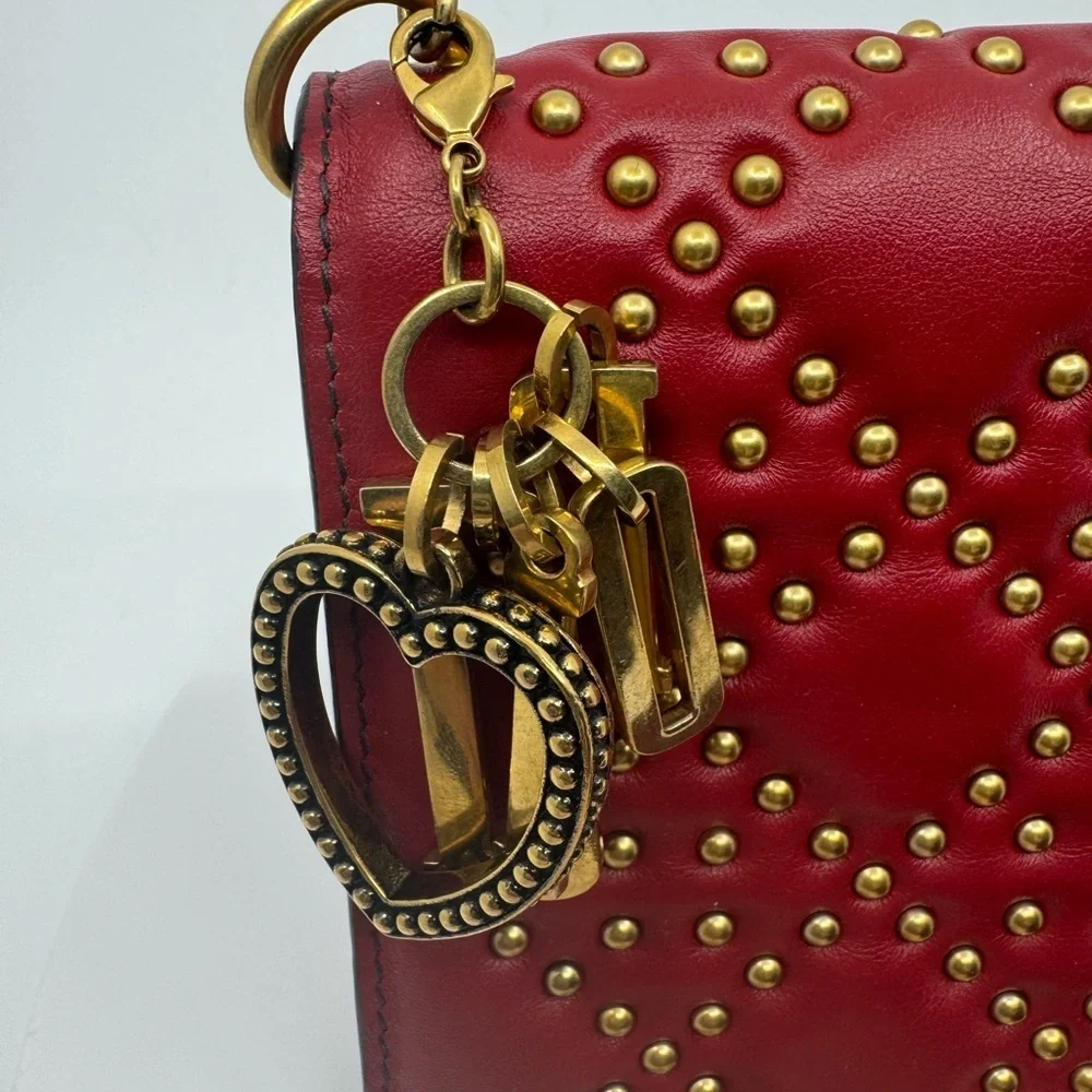 RARE Dior Lady Dior Red Calfskin Cannage Studded Biker Clutch EUC